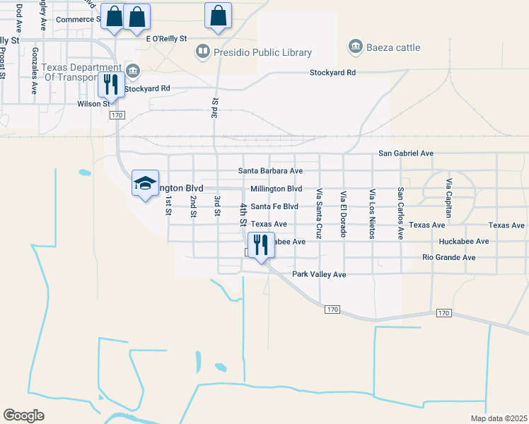 map of restaurants, bars, coffee shops, grocery stores, and more near Santa Fe Boulevard in Presidio