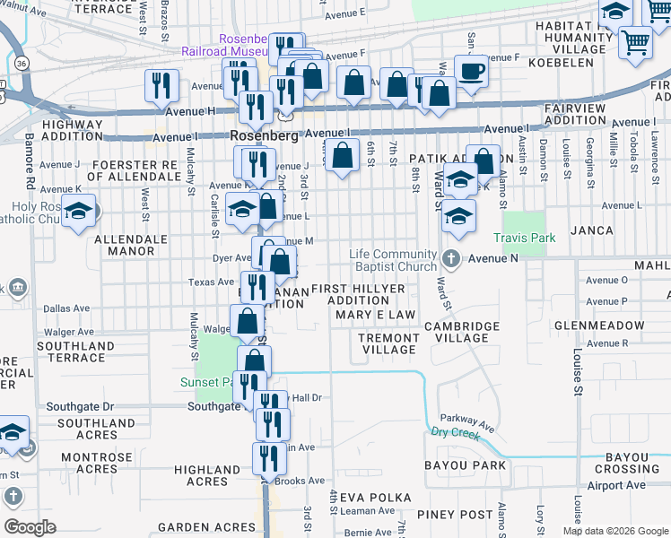 map of restaurants, bars, coffee shops, grocery stores, and more near 1603 4th St in Rosenberg