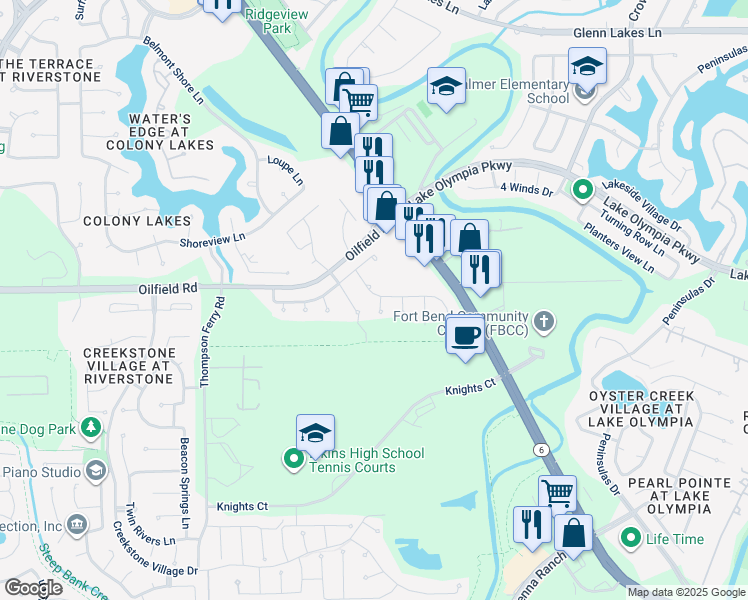 map of restaurants, bars, coffee shops, grocery stores, and more near 7302 Foyer Circle in Missouri City