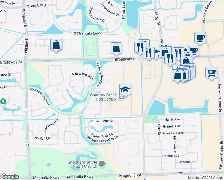 map of restaurants, bars, coffee shops, grocery stores, and more near 11902 Auburn Trail Lane in Pearland