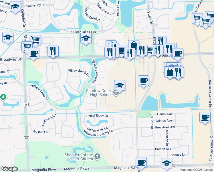 map of restaurants, bars, coffee shops, grocery stores, and more near 11902 Auburn Trail Ln in Pearland