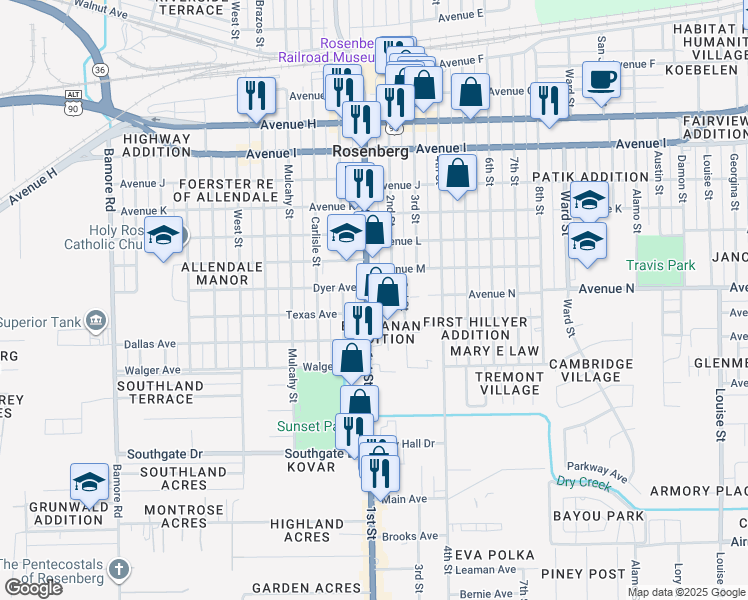 map of restaurants, bars, coffee shops, grocery stores, and more near 1623 1st Street in Rosenberg
