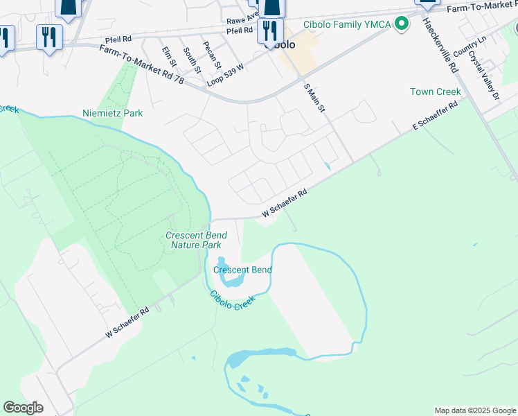 map of restaurants, bars, coffee shops, grocery stores, and more near 812 River Station in Cibolo