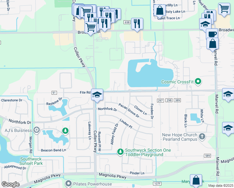 map of restaurants, bars, coffee shops, grocery stores, and more near 2503 Chestnut Circle in Pearland