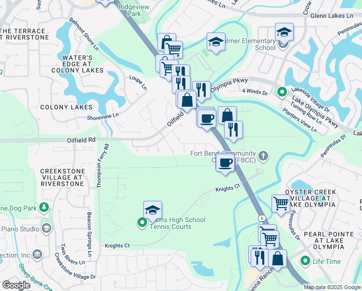map of restaurants, bars, coffee shops, grocery stores, and more near 7302 Foyer Circle in Missouri City