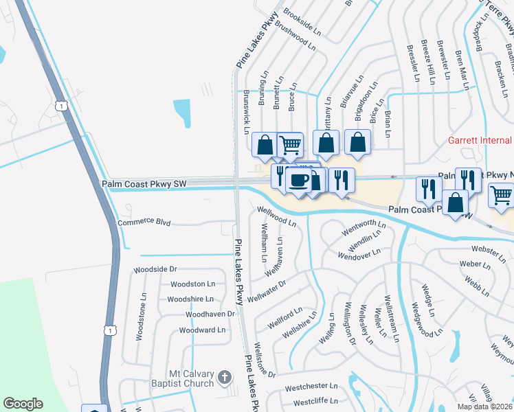 map of restaurants, bars, coffee shops, grocery stores, and more near a75b Wellwood Lane in Palm Coast