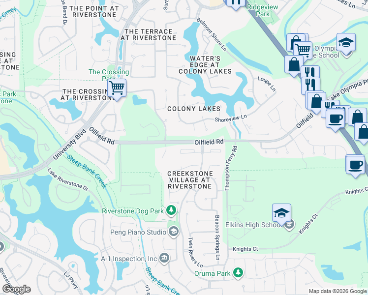map of restaurants, bars, coffee shops, grocery stores, and more near 3807 May Ridge Lane in Sugar Land