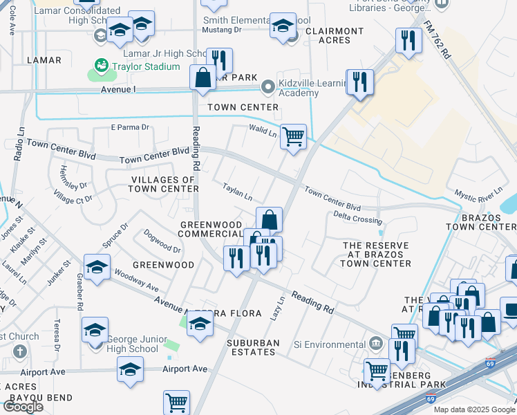 map of restaurants, bars, coffee shops, grocery stores, and more near 5818 Taylan Lane in Rosenberg