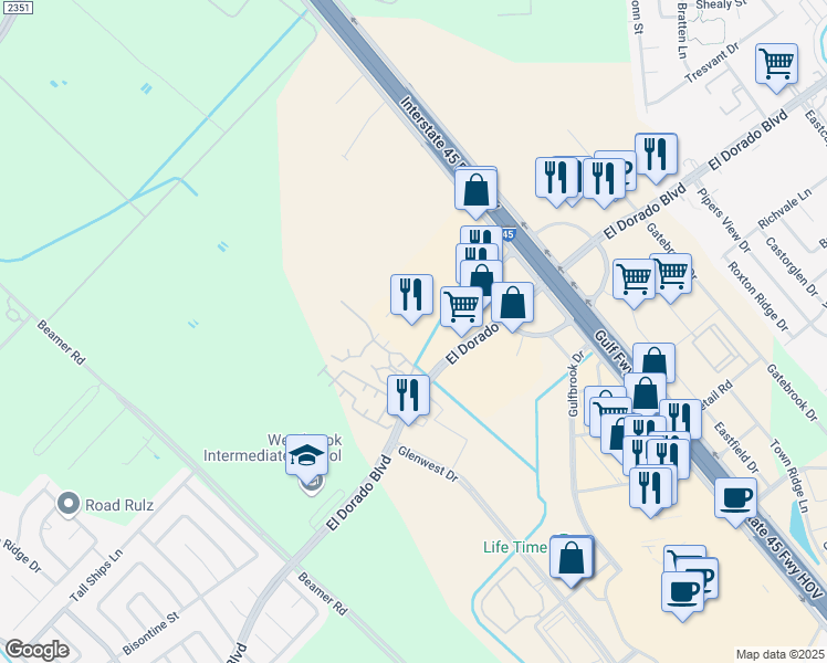 map of restaurants, bars, coffee shops, grocery stores, and more near 150 West El Dorado Boulevard in Friendswood