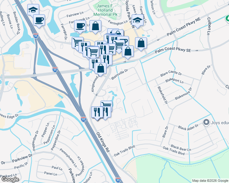 map of restaurants, bars, coffee shops, grocery stores, and more near 16 Oxford Lane in Palm Coast