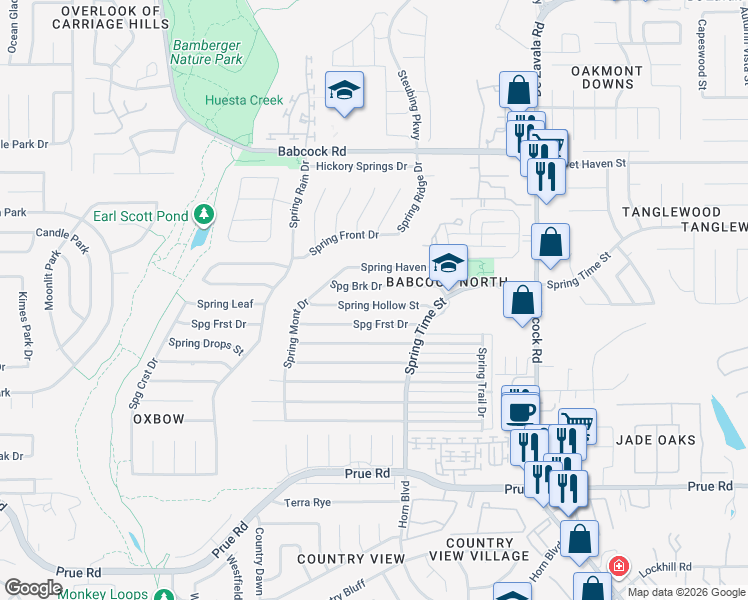 map of restaurants, bars, coffee shops, grocery stores, and more near 6647 Spring Hollow Street in San Antonio