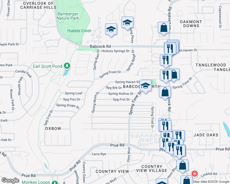 map of restaurants, bars, coffee shops, grocery stores, and more near 6647 Spring Hollow Street in San Antonio