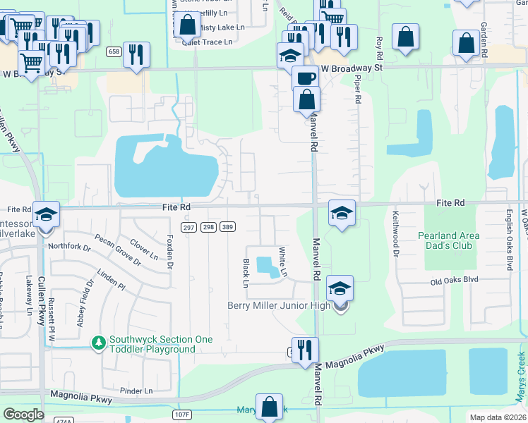 map of restaurants, bars, coffee shops, grocery stores, and more near 7317 Newport Lane in Pearland
