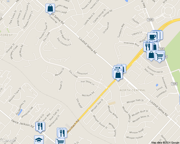 map of restaurants, bars, coffee shops, grocery stores, and more near 11814 Elmscourt in San Antonio