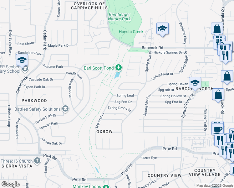 map of restaurants, bars, coffee shops, grocery stores, and more near 7123 Spring Leaf in San Antonio