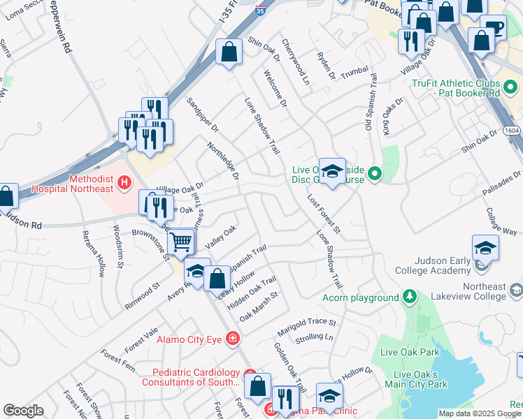 map of restaurants, bars, coffee shops, grocery stores, and more near 12302 Northledge Drive in Live Oak