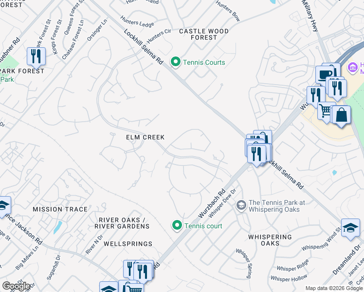 map of restaurants, bars, coffee shops, grocery stores, and more near 11834 Elmscourt in San Antonio