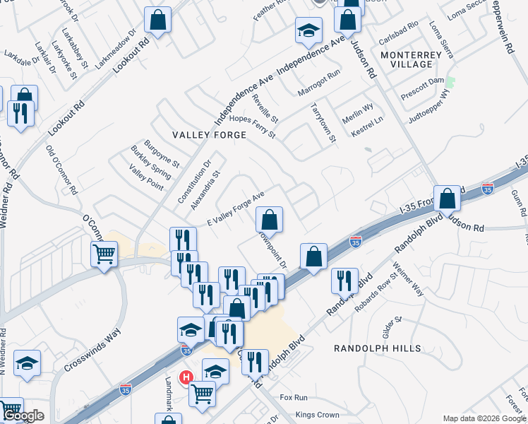 map of restaurants, bars, coffee shops, grocery stores, and more near 12207 Valley Forge Circle in San Antonio