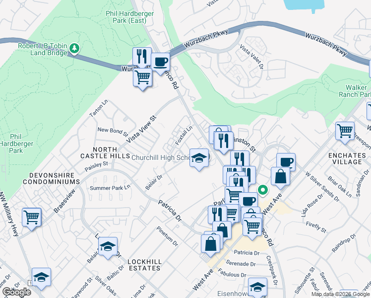 map of restaurants, bars, coffee shops, grocery stores, and more near 12 Fox Tail in San Antonio