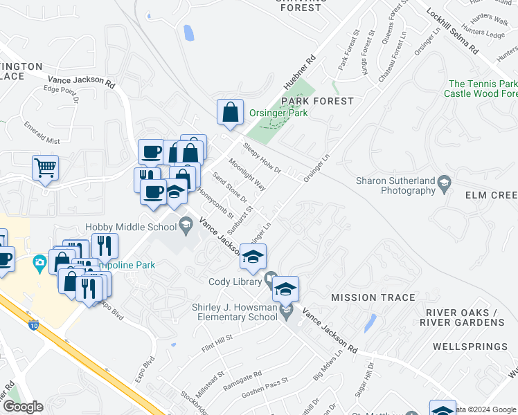 map of restaurants, bars, coffee shops, grocery stores, and more near 27 Terrace Place in San Antonio