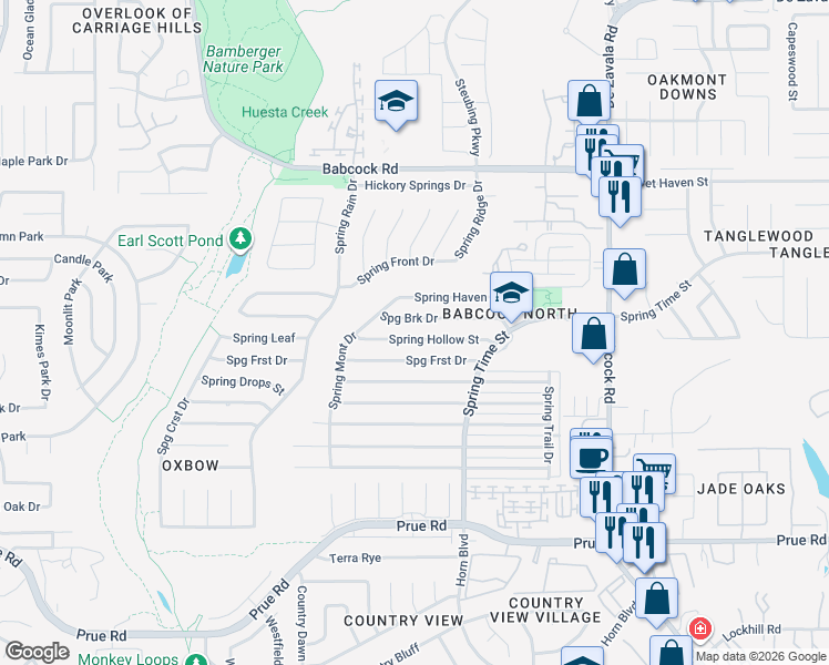 map of restaurants, bars, coffee shops, grocery stores, and more near 6647 Spring Hollow Street in San Antonio