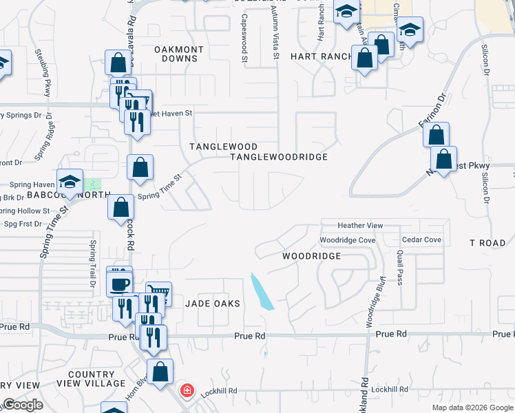 map of restaurants, bars, coffee shops, grocery stores, and more near 11802 Abbottswood Street in San Antonio