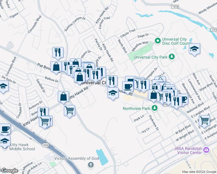 map of restaurants, bars, coffee shops, grocery stores, and more near 1506 Pat Booker Road in Universal City