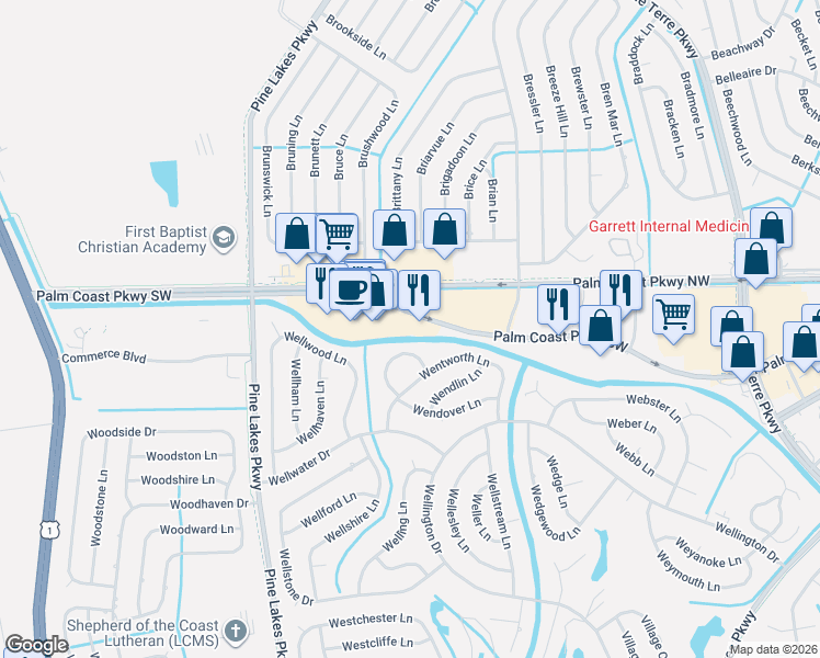 map of restaurants, bars, coffee shops, grocery stores, and more near 300 Palm Coast Parkway Southwest in Palm Coast