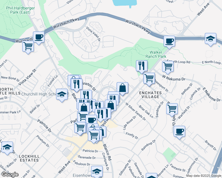 map of restaurants, bars, coffee shops, grocery stores, and more near 12 West Silver Sands Drive in San Antonio