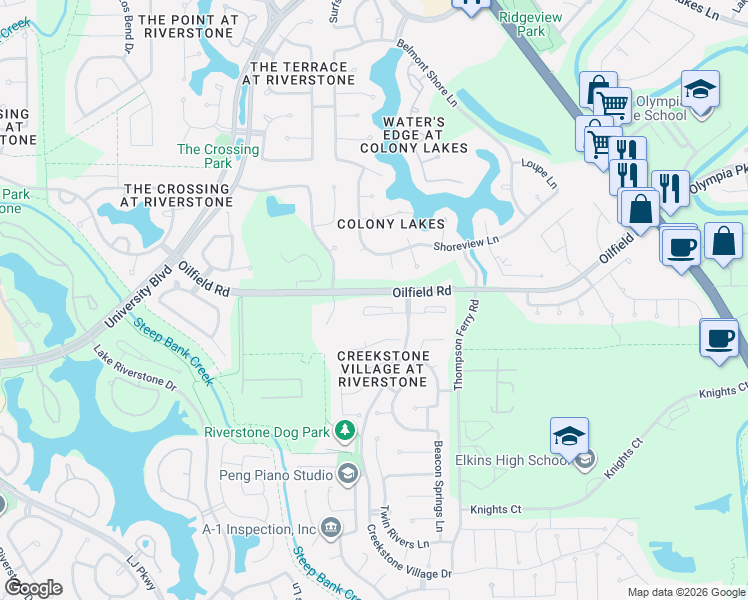 map of restaurants, bars, coffee shops, grocery stores, and more near 3807 May Ridge Lane in Sugar Land
