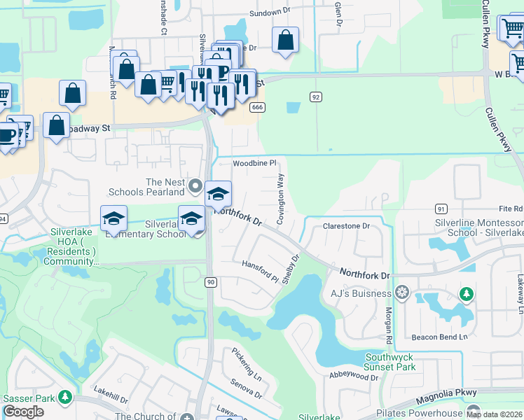 map of restaurants, bars, coffee shops, grocery stores, and more near 3510 Landsdowne Court in Pearland