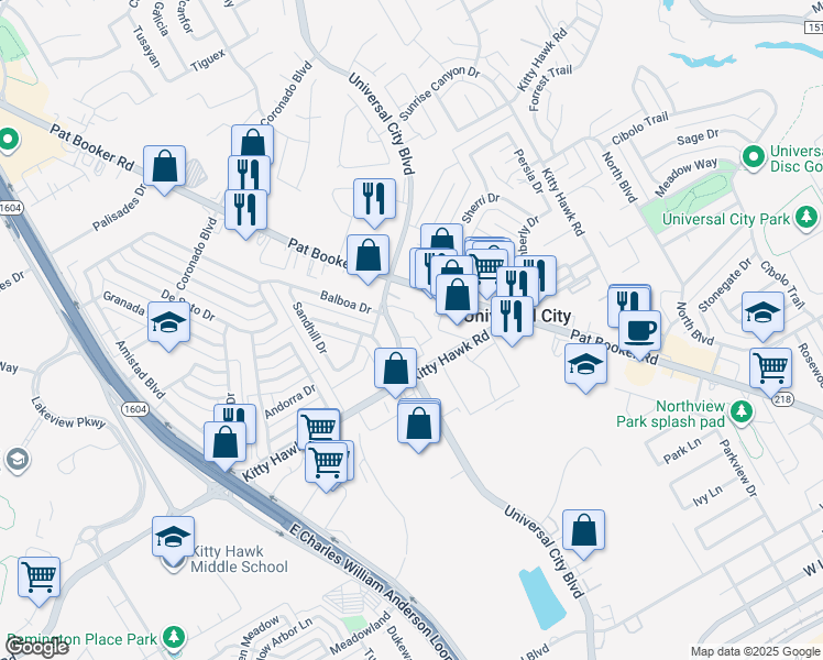 map of restaurants, bars, coffee shops, grocery stores, and more near 1950 Universal City Boulevard in Universal City