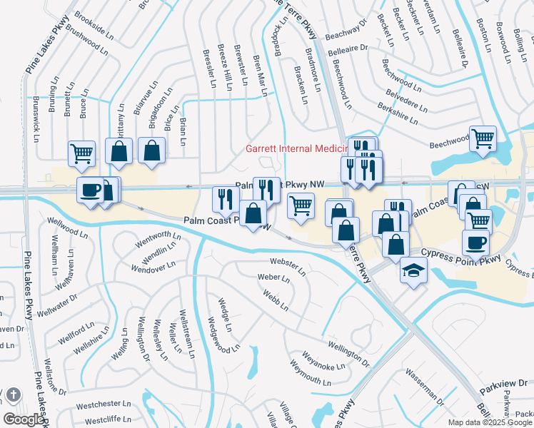 map of restaurants, bars, coffee shops, grocery stores, and more near 515 Palm Coast Parkway Southwest in Palm Coast