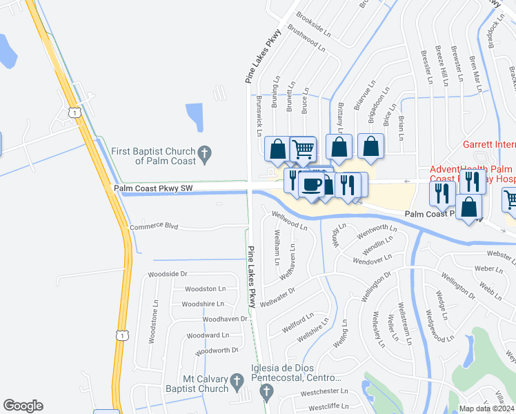 map of restaurants, bars, coffee shops, grocery stores, and more near a75b Wellwood Lane in Palm Coast