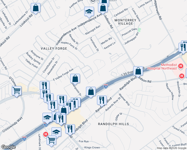 map of restaurants, bars, coffee shops, grocery stores, and more near 6235 Charlottesville Street in San Antonio