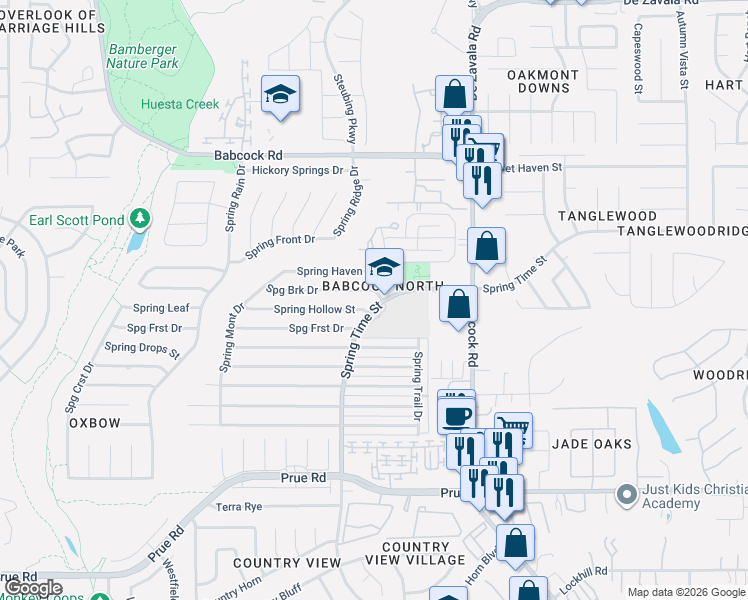 map of restaurants, bars, coffee shops, grocery stores, and more near 6602 Spring Brook Street in San Antonio
