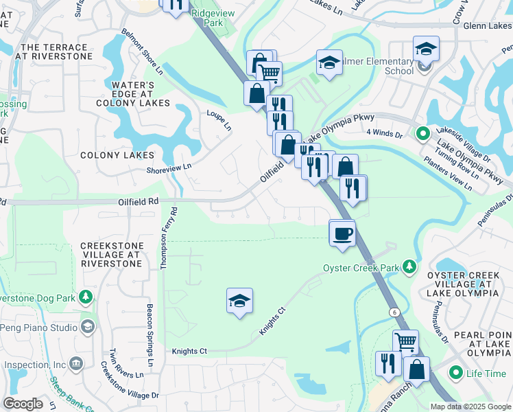 map of restaurants, bars, coffee shops, grocery stores, and more near 7206 Bethany Bay Drive in Missouri City