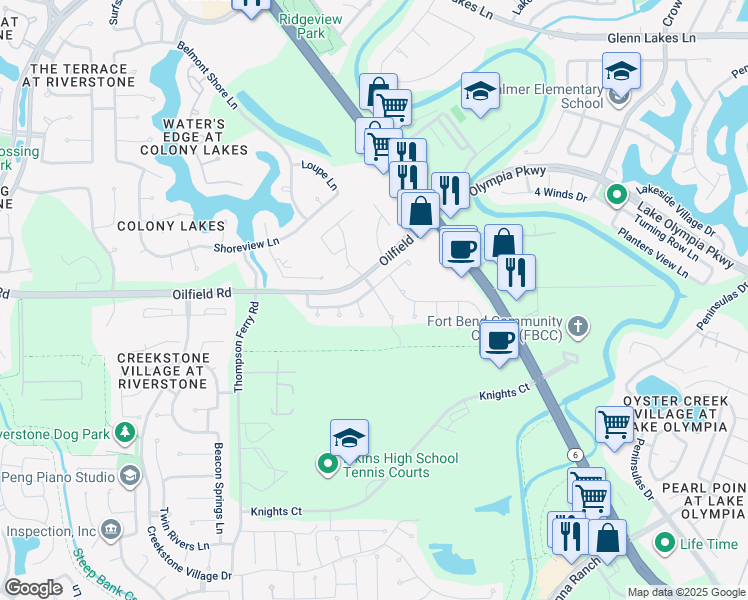 map of restaurants, bars, coffee shops, grocery stores, and more near 7214 Bethany Bay Drive in Missouri City
