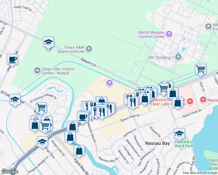 map of restaurants, bars, coffee shops, grocery stores, and more near 1601 NASA Parkway in Houston