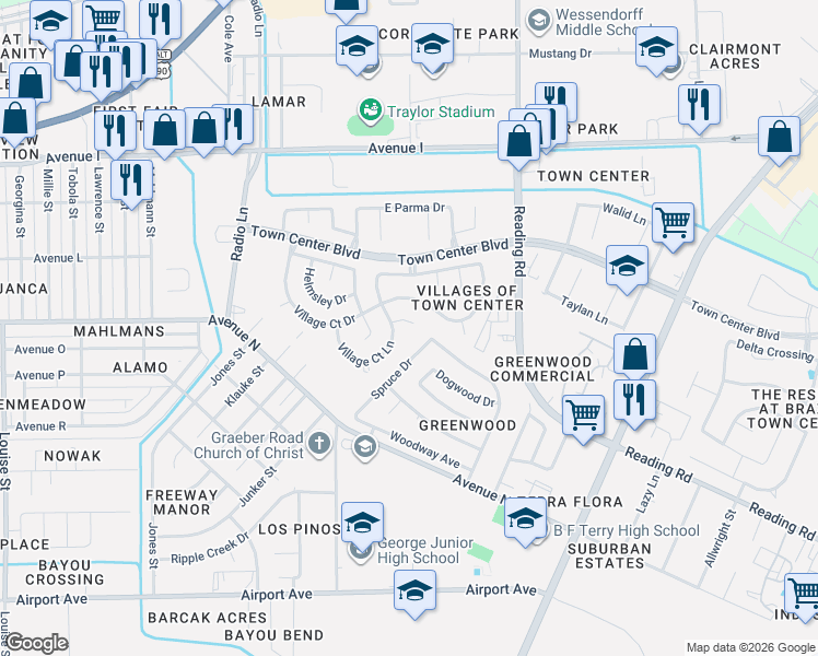 map of restaurants, bars, coffee shops, grocery stores, and more near 1801 Village Court Lane in Rosenberg