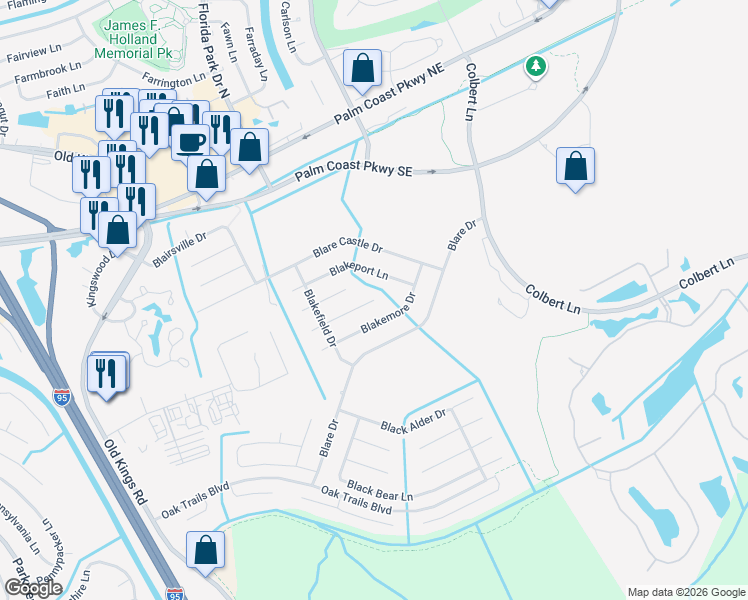 map of restaurants, bars, coffee shops, grocery stores, and more near 28 Blakeshire Place in Palm Coast