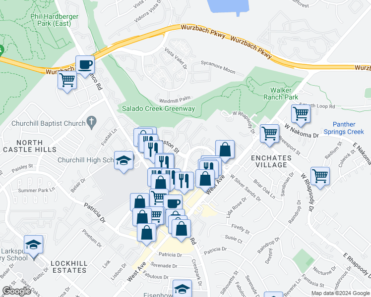 map of restaurants, bars, coffee shops, grocery stores, and more near 2 West Silver Sands Drive in San Antonio