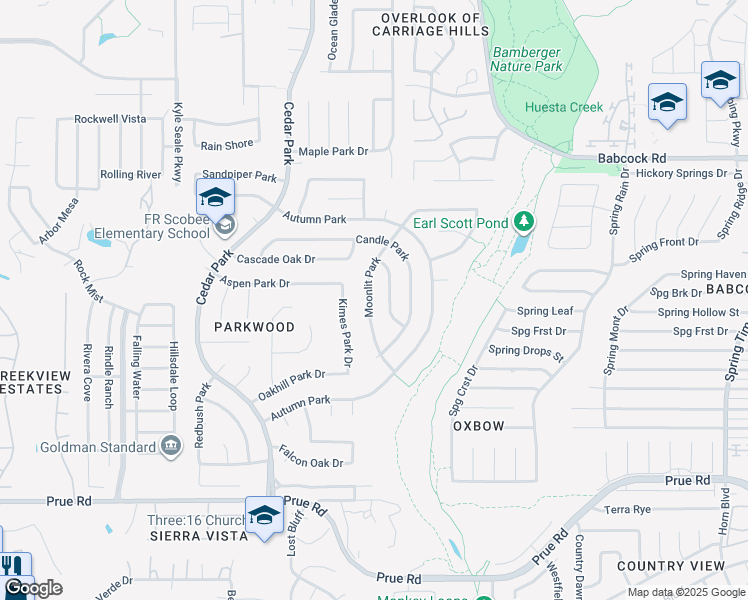 map of restaurants, bars, coffee shops, grocery stores, and more near 11050 Moonlit Park in San Antonio