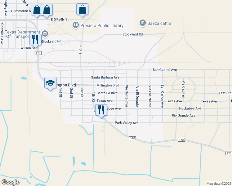 map of restaurants, bars, coffee shops, grocery stores, and more near Santa Fe Boulevard in Presidio