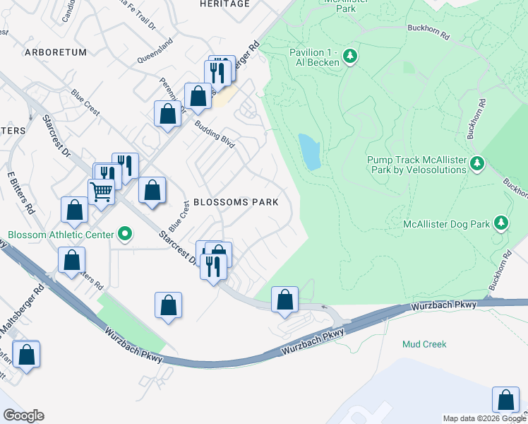 map of restaurants, bars, coffee shops, grocery stores, and more near 2115 Plum Blossom Street in San Antonio