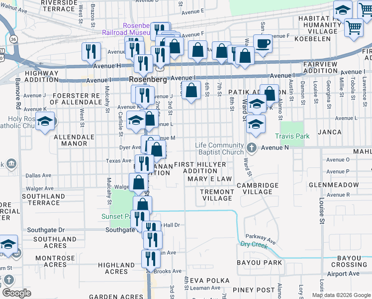 map of restaurants, bars, coffee shops, grocery stores, and more near 1603 4th Street in Rosenberg