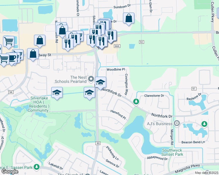 map of restaurants, bars, coffee shops, grocery stores, and more near 2503 Griggs Court in Pearland