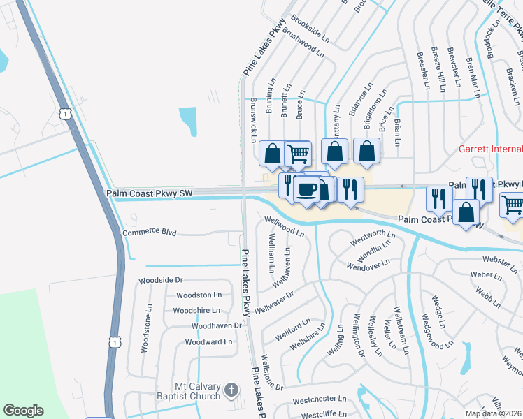map of restaurants, bars, coffee shops, grocery stores, and more near a75b Wellwood Lane in Palm Coast