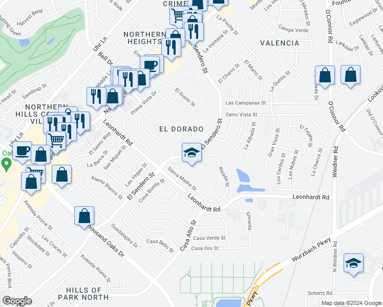 map of restaurants, bars, coffee shops, grocery stores, and more near 12631 El Sendero Street in San Antonio