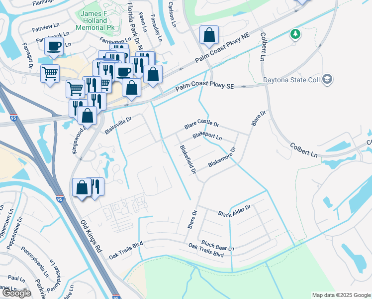 map of restaurants, bars, coffee shops, grocery stores, and more near 1 Blaketown Place in Palm Coast